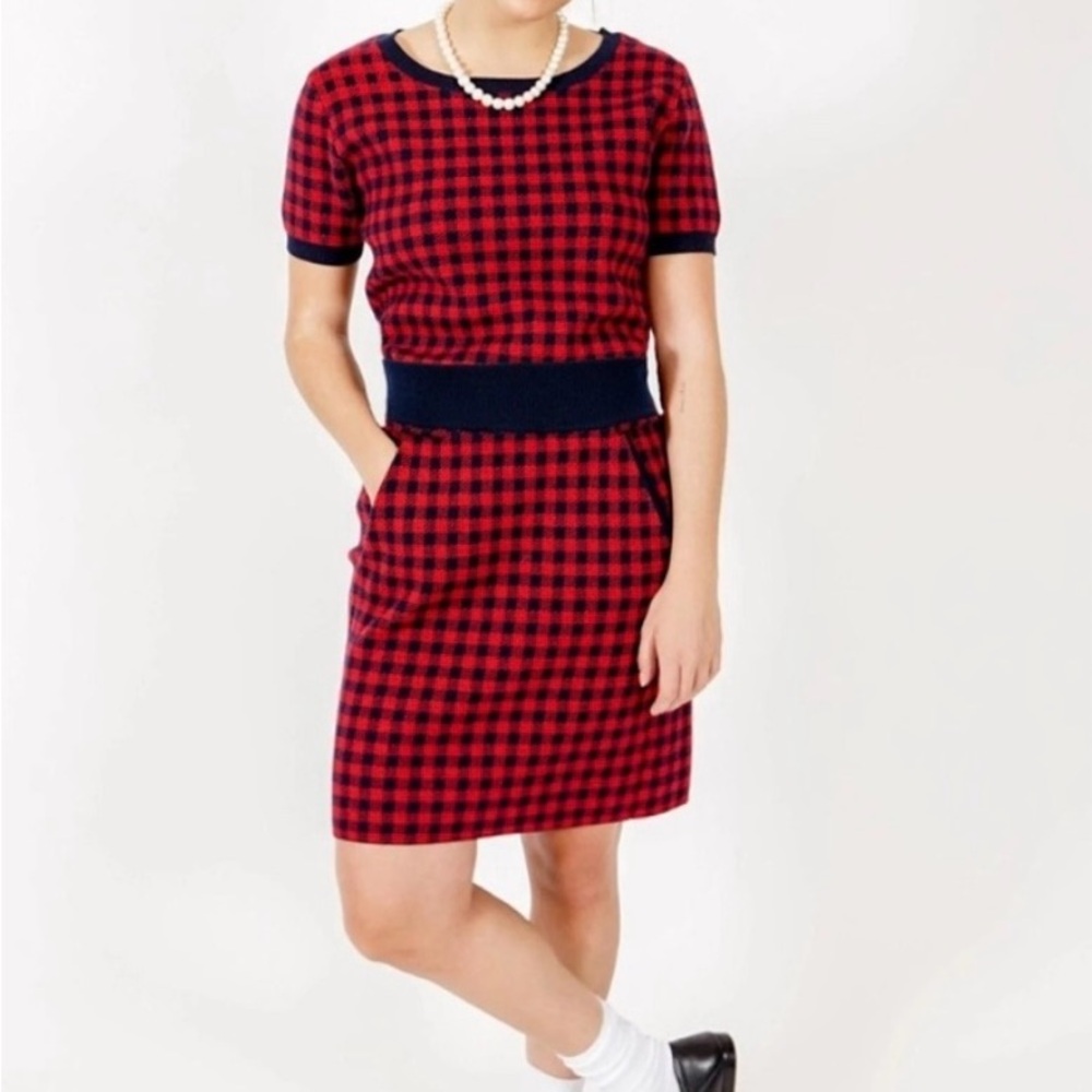 Saint Geraldine Red and Navy Checkered Midi Sweater Dress Size XL
